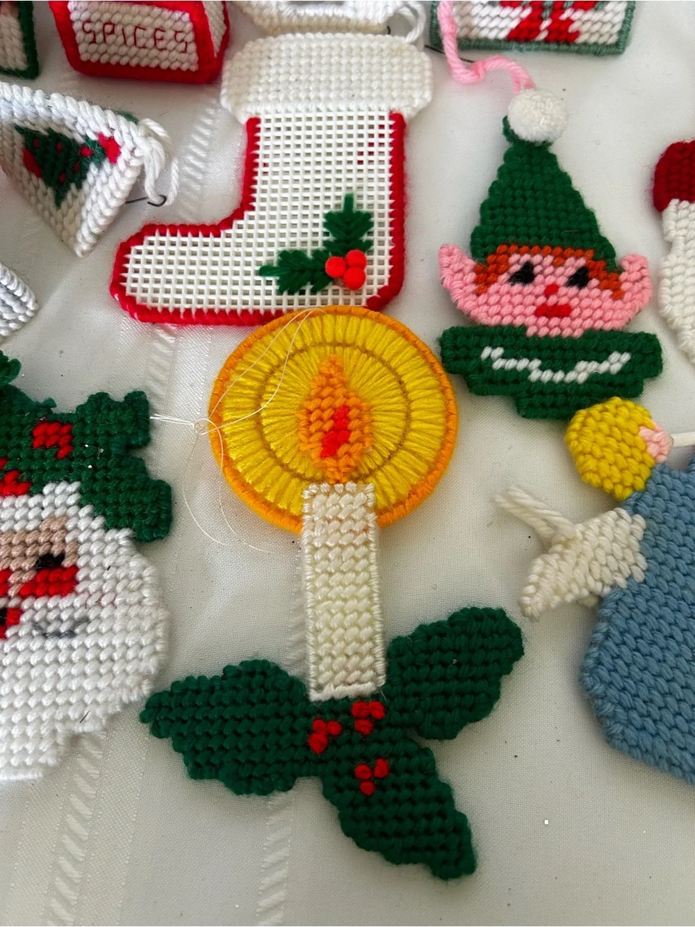 Vintage Plastic Canvas Christmas Ornament Set Santa Elf Angel Spice Box Candle